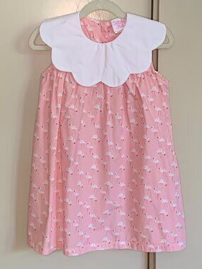 Stitchy Fish Flamingo Print Dress White Scallop Collar Pink Size 5